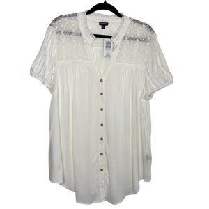 Torrid Womens Lace Short Sleeve Peasant Button-Up White Top Size 1X NWT